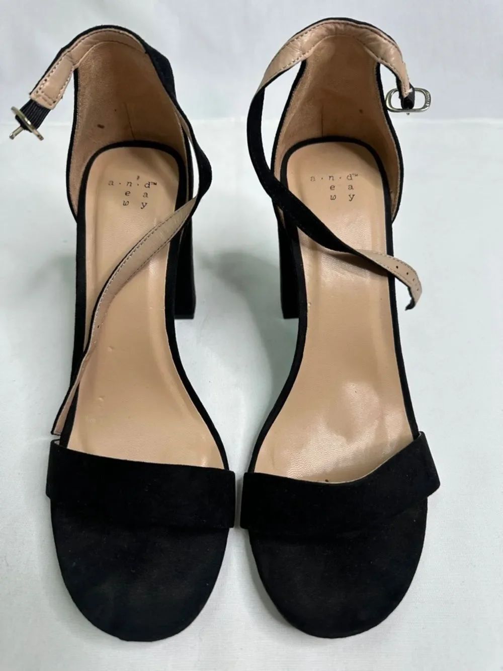 a new day Black Suede Open-Toe Block Heels with Beige Ankle Strap